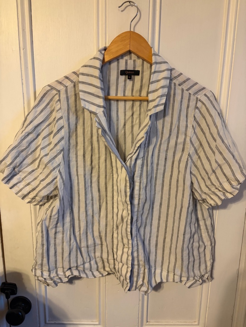 Quince XL Blue Striped 100% European Linen Short Sleeve Camp Shirt